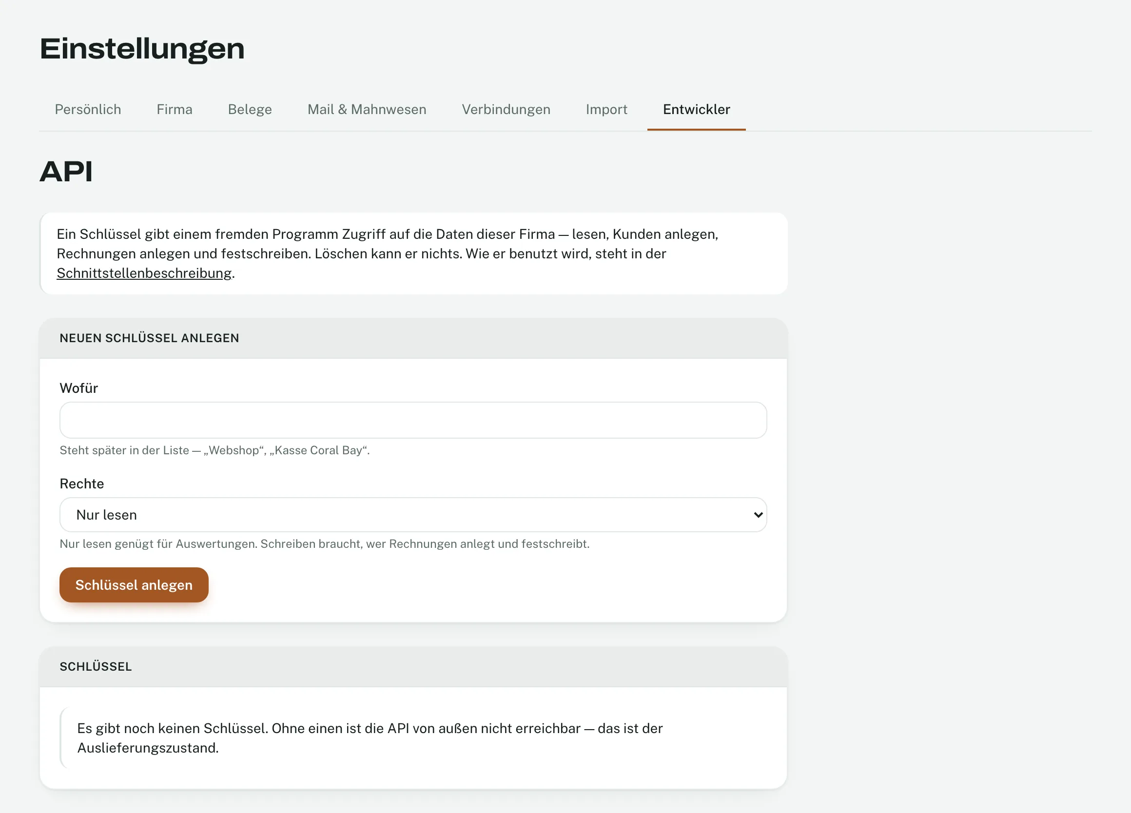 Einstellungen, API-Schlüssel: Rechte, Merkmal und der letzte Aufruf.
